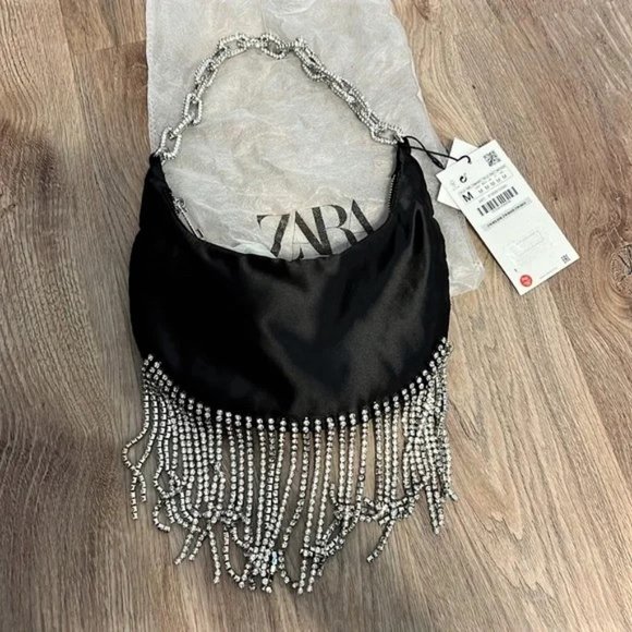 Zara Other - (70% OFF) Nwt Zara Satin Black Rhinestone Fringe Accents Crossbody MSRP $220